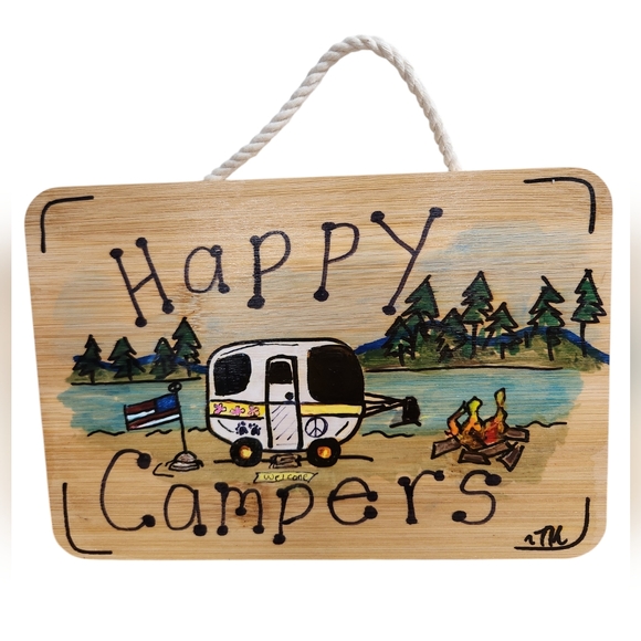 Hand Crafted Other - Happy Campers Hand Painted Wall Art Sign Wall Decor Hand Crafted on Bamboo 6 X 9